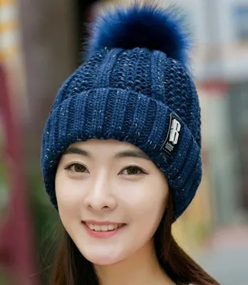 Теплая зимняя вязаная шапка skullies beanies, женская брендовая Высококачественная зимняя женская Лыжная шерстяная меховая шапка, шапки с помпонами, вязаный шарф - Цвет: Navy Hat
