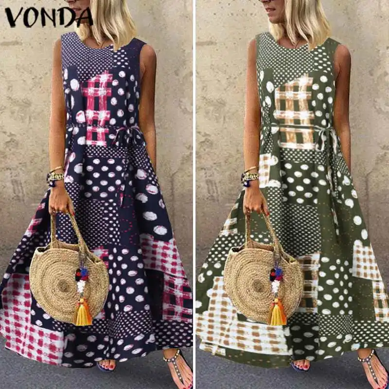 VONDA, Женская мода s, Женский Летний Пляжный сарафан для вечеринки, богемная туника с принтом, макси платье размера плюс, vestidos robe