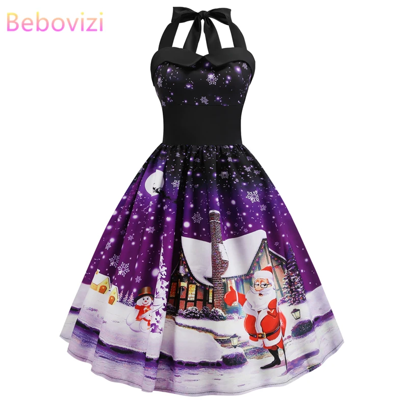 Bebovisi женская одежда зимнее платье плюс размер Снежинка принт синий Винтаж Vestidos элегантное ТРАПЕЦИЕВИДНОЕ рождественское вечернее платье