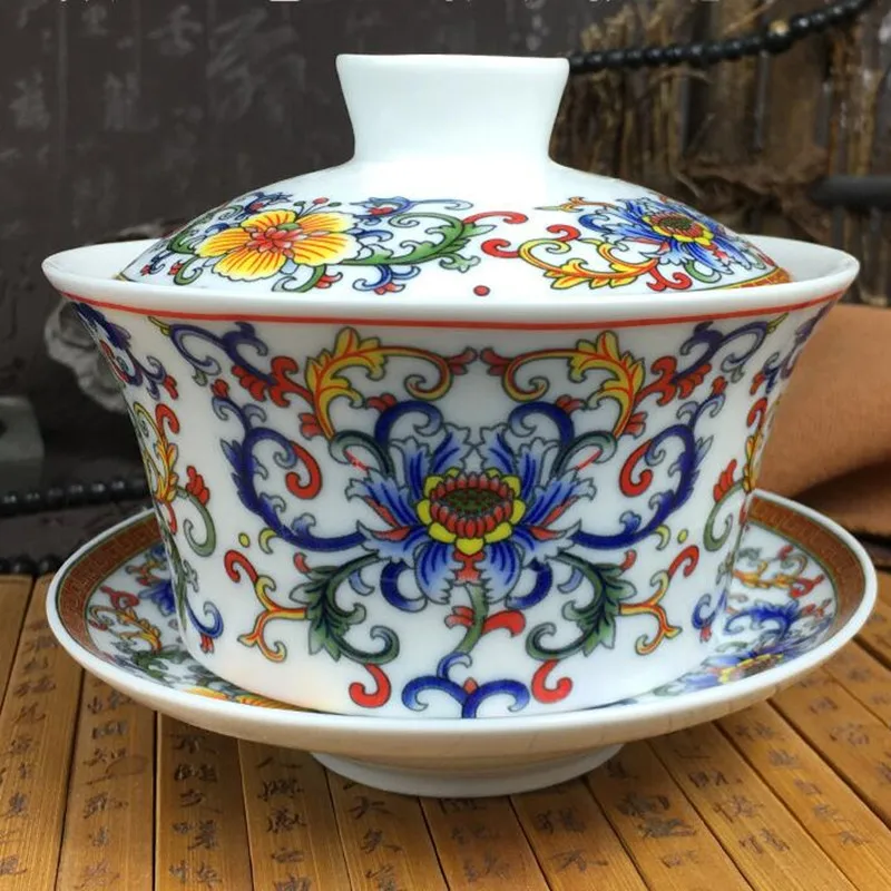 High Capacity Chinese Hand Painted Teaset Elegant Gaiwan 300ml Ceramic Tea Tureen Lid Bowl Saucer Glaze Cup | Дом и сад
