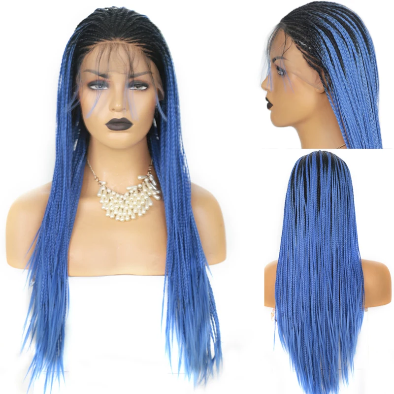 

RONGDUOYI High Temperature Fiber Ombre Blue Glueless Braids Wig 26 Inches Long Braided Hair Synthetic Lace Front Wigs for Women