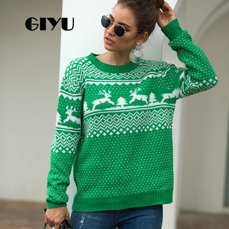 

GIYU Argyle Printed Patchwork Sweater Loose O Neck Autumn Winter Knitted Jumpers Christmas Pullover sueter mujer invierno