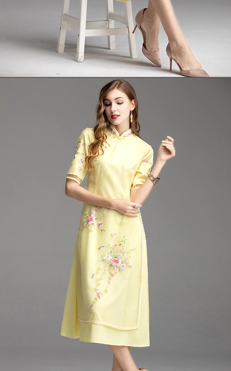 Flower Embroidery Lace Splice Long Dress Chinese Style Short Sleeve Vintage Cheongsam Qipao Autumn Split Organza Dress Pink