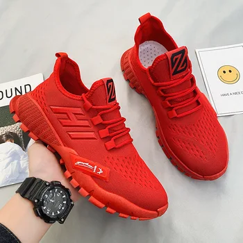

MEN'S SHOES Summer Breathable Athletic Shoes Coconut Trendy Shoes Red Casual Versatile Soft-Sole Shoes Mesh Shoes Men Fly Woven
