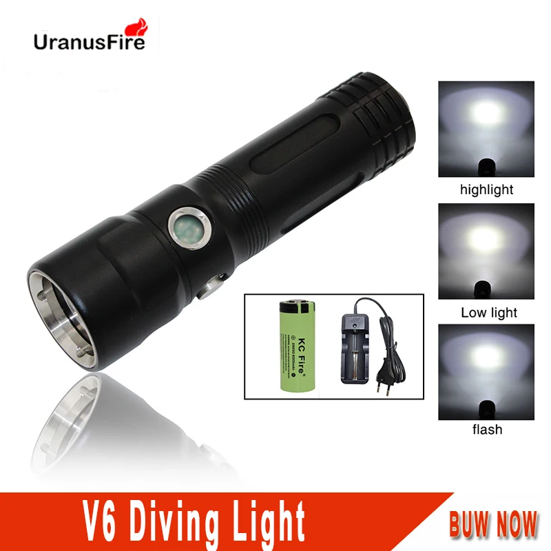 Uranusfire Scuba Diving Flashlight LED Waterproof  V6 2000 lumens Powerful Portable tactical lights 18650 26650 dive torch trustfire l2 tactical led flashlight cree xp l hd 1000 lumens powered by 14500 aa battery ipx8 2 modes powerful edc torch lights