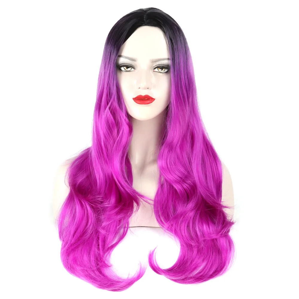 

ValenWigs 28'' Ombre Wig Two Tones Black To Silver Gray/Purple/Blue Synthetic Wig Glueless Long Wavy Cosplay Hair Wigs For Women