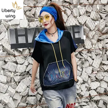 

Summer Women Loose Fit Short Sleeve Hooded Tops High Street Fashion New Letter Printed Black Red T Shirt Female