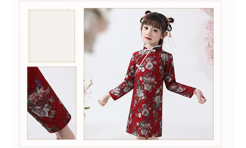 Hanfu/красное улучшенное платье с вышивкой для девочек утепленная осенне-зимняя новогодняя одежда Теплый костюм с длинными рукавами и воротником-стойкой