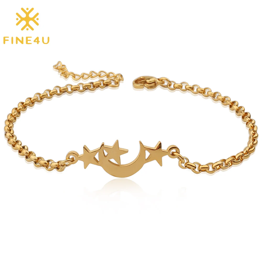 

FINE4U B195 Rose Gold Color Moon Stars Charms Bracelet Stainless Steel Rolo Chain Bracelet For Women Girl's Gifts