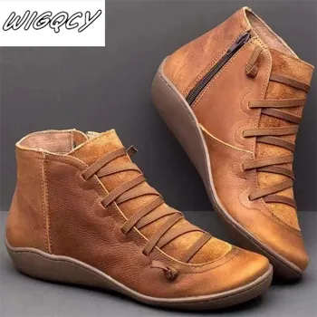 

Women's PU Leather Ankle Boots Women Autumn Winter Cross Strappy Vintage Women Punk Boots Flat Ladies Shoes Woman Botas Mujer