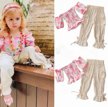

Floral Summer Girl Sets Baby Girl Off the Shoulder Tight Top+Long Pants Sweet 2PCS Outfits Suit Baby Clothes 2-7Y E94146