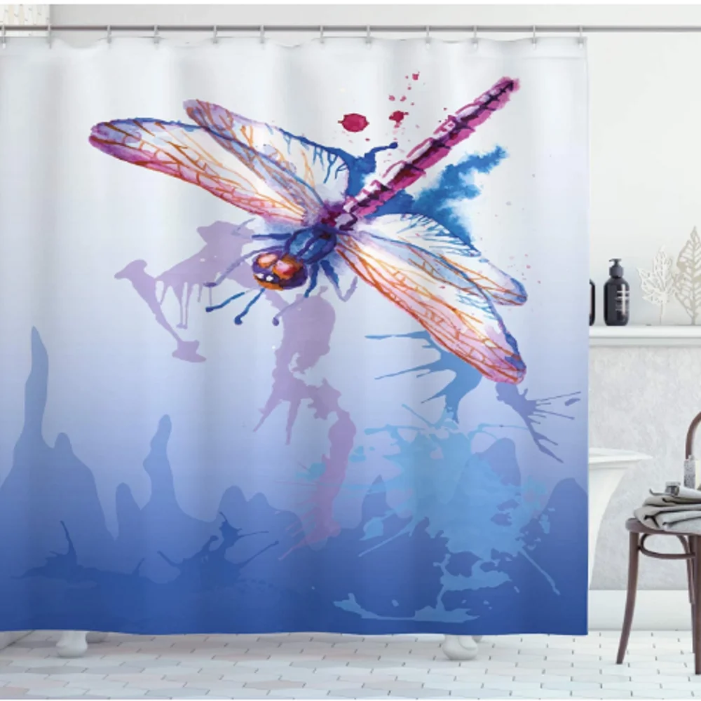 

Занавеска для душа Dragonfly, дизайнерская Водонепроницаемая Шторка для ванной с акварельными цветами и растениями, ручной работы, домашний дек...
