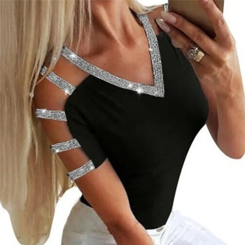Spring Summer Autumn Cute Short Sleeve T Shirt Women Solid Strappy Tee Casual Cold Shoulder Tops | Женская одежда