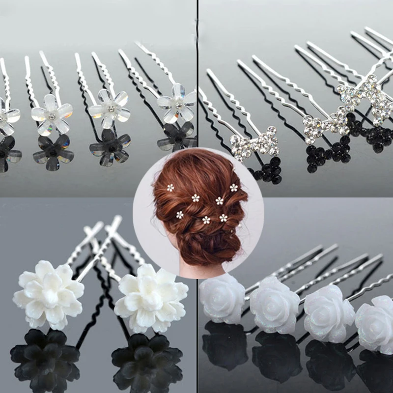 hair clips for women 20pcs Women Flower Hairpin Stick Wedding Bridal Crystal Pearl Hairpin U Shaped Hair Clip Barrettes Hair Accessories Wholesale bow hair clip