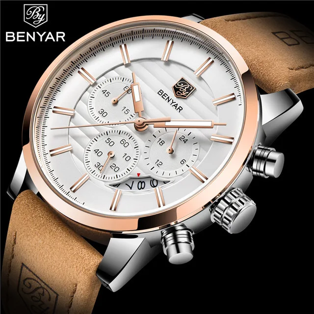 Online 2020 BENYAR marca nueva Casual moda hombres reloj de cuarzo de lujo correa de cuero militar cronógrafo hombres reloj Masculino