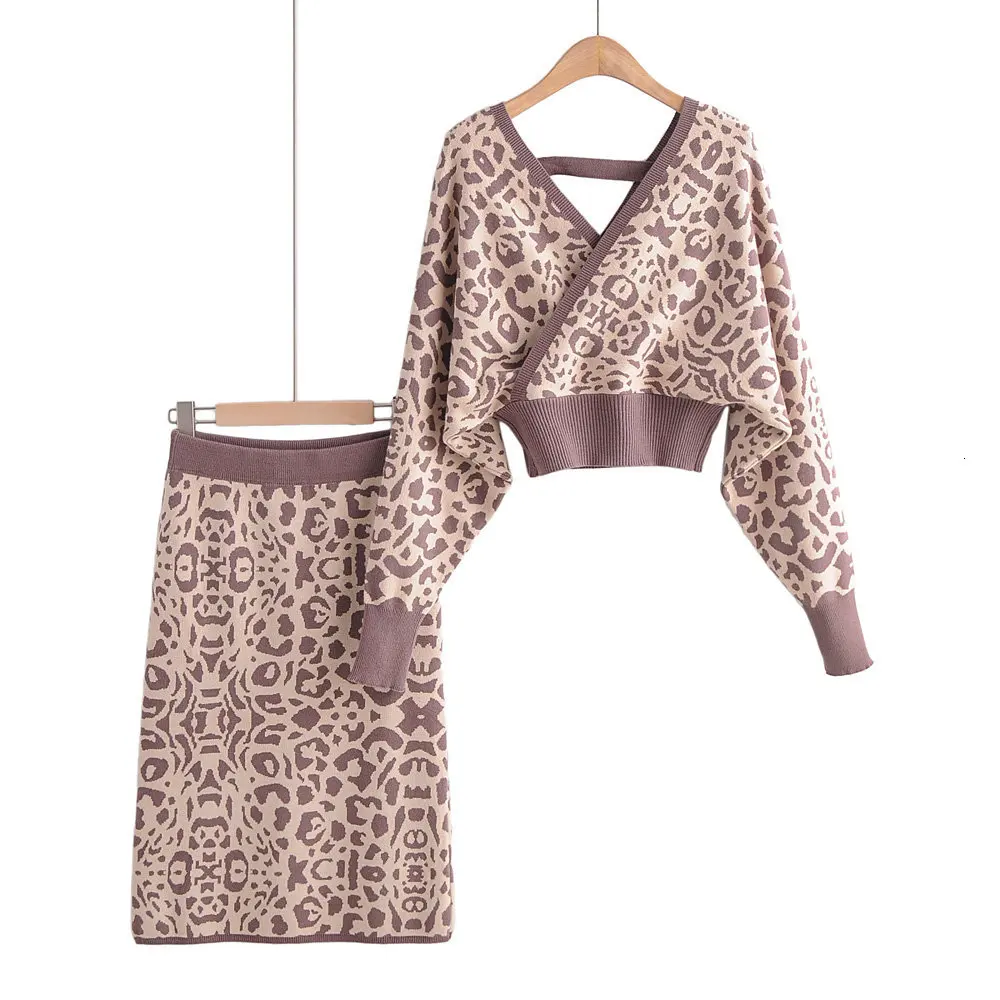Корейский женский леопардовый комплект, Осень-зима, вязанный комплект из двух предметов, v-образный вырез, рукав летучая мышь, топы, высокая талия, юбки, высокая эластичность