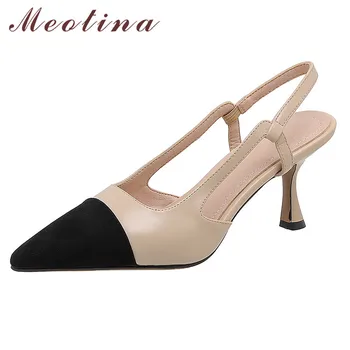 

Meotina Women Shoes Genuine Leather High Heel Slingbacks Pumps Pointed Toe Stiletto Heels Dress Lady Footwear Summer Black 40