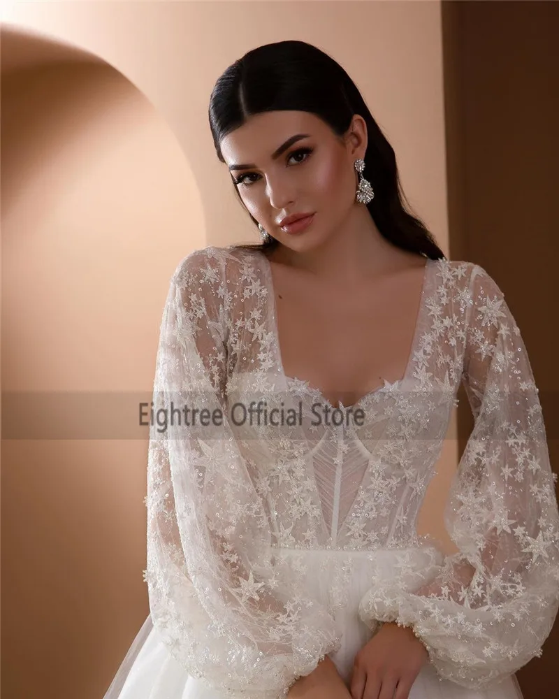 Eightree Vintage Starry Long Sleeve Wedding Dress Lace Vestidos de Noiva Bridal Dresses Sweep Train Wedding Gowns Customized 3