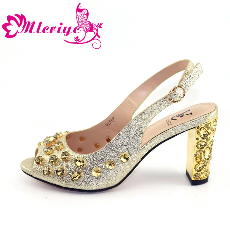 

Latest Gold Color Italian Lady Sexy High Heels Pumps Decorated with Rhinestones Italian Design African Sandals Shoes for Party