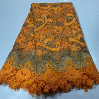 

Latest High Quality African Lace Fabric orange stones French Net Embroidery Tulle Lace Fabric For Nigerian Wedding Party Dress