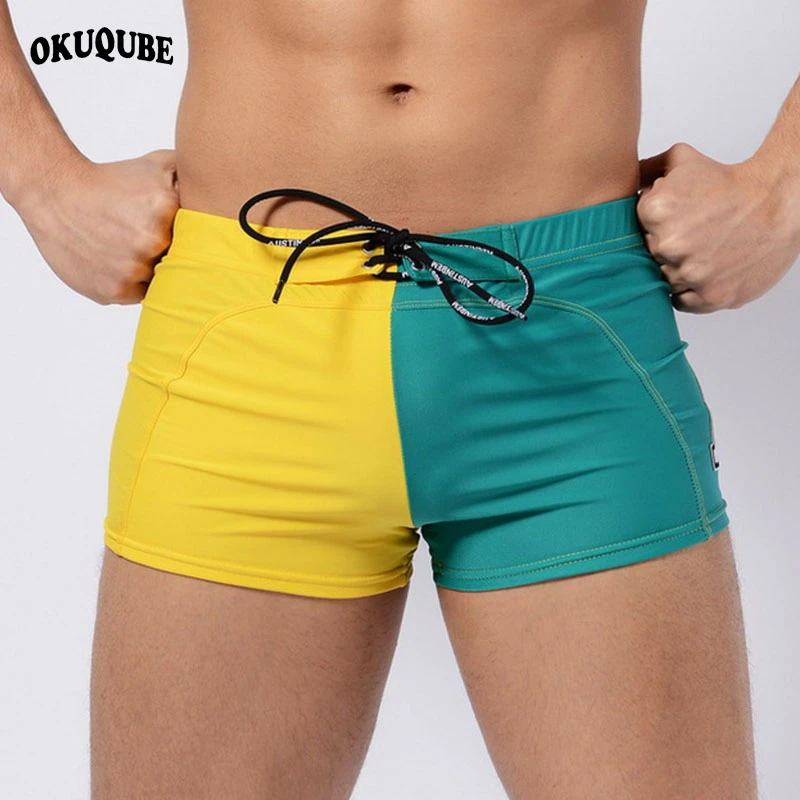 Men Swimwear Color Patchwork Drawstring Lining Swimsuit Man Blue Green Yellow Gray Quick Dry Elastic Breathable Swim Briefs Male