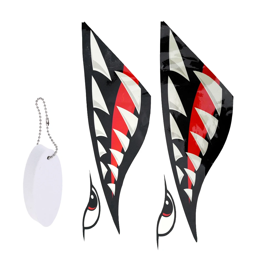 2x Shark Tooth Vinyl Decals Stickers Kayak Jet Ski + White Surfboard Shaped Floating Key Chain