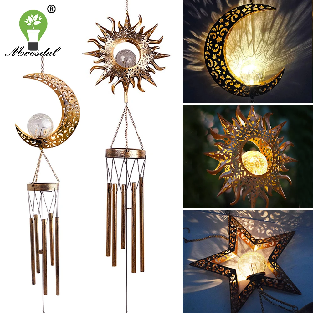 Solar Wind Chime Lamp Outdoor Waterproof Hanging Light Moon Star Sun Shape Suitable for Holiday Party Garden Street Decoration