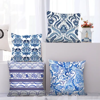 

Fuwatacchi Geometric Blue and White Porcelain Printed Cushion Covers Colorful Ethnic Style Throw Pillow Cases Home Decor Sofa