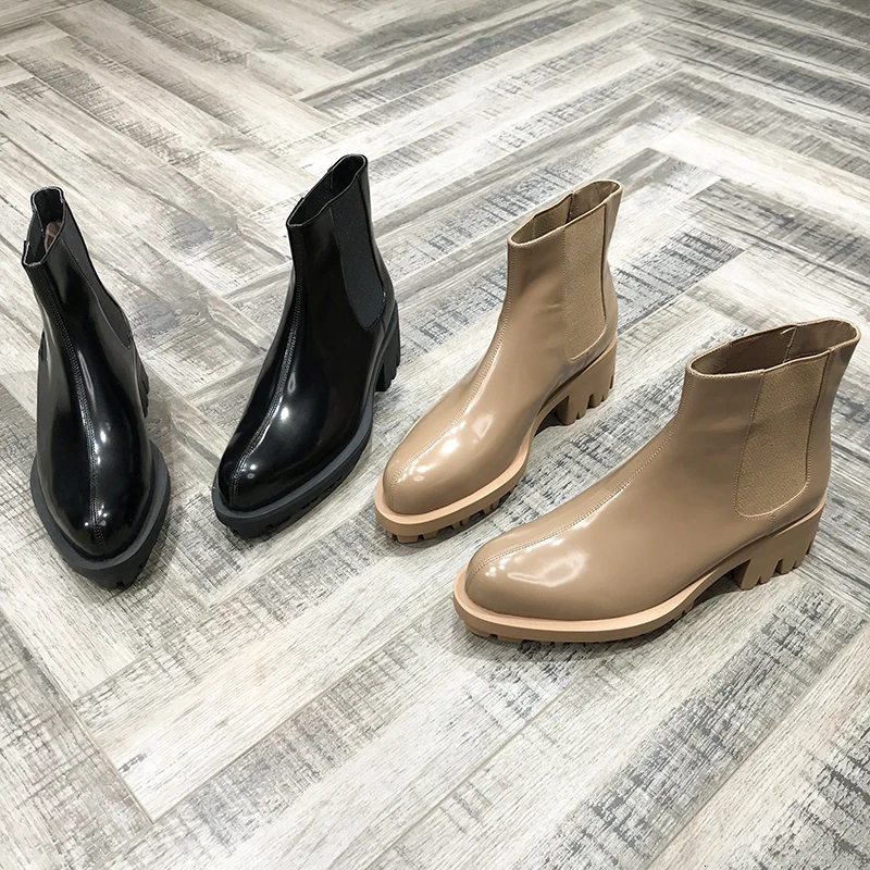 

BELLECOM 2019 Autumn Women's Shoes Fetus Cowhide Open Bead Cowhide Circle Head Coarse With Short Canister Chelsea Boots Woman