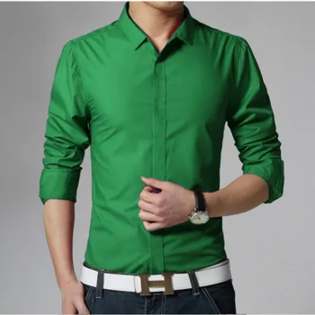 

Spring New Men's Long Sleeve Shirts Cotton Solid Slim Tees Turn Down Collar Fashionable Tops Male Casual Green Shirts