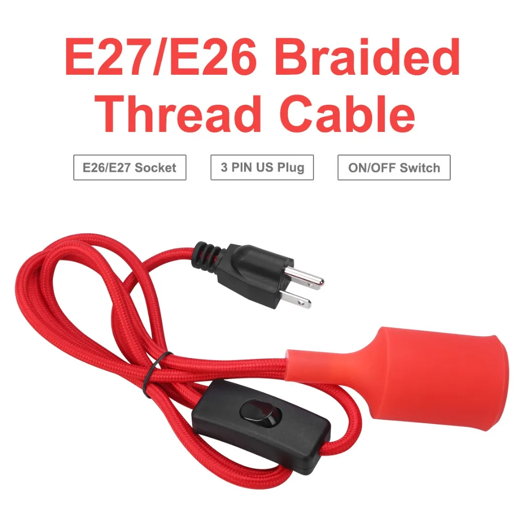 US Plug Cord with E26/E27 Lamp Holder Light Socket On/Off Button Switch Pendant Bulb Holder 5 feet 1.5m Red