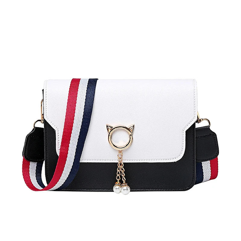 

Korean version of the color ladies color ribbon casual wild shoulder bag 2019 autumn and winter new cat ear Messenger bag