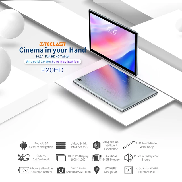 Teclast – Tableta inteligente con pantalla IPS de 10,1" y CPU Octa Core, tablet PC con 4G y llamada telefónica, 4GB ram, 64GB rom, resolución 1920x1200, Android 10, GPS, procesador SC9863A, batería de 6000mAh, P20HD Teclast – Tableta inteligente con pantalla IPS de 10,1" y CPU Octa Core, tablet PC con 4G y llamada telefónica, 4GB ram, 64GB rom, resolución 1920x1200, Android 10, GPS, procesador SC9863A, batería de 6000mAh, P20HD
