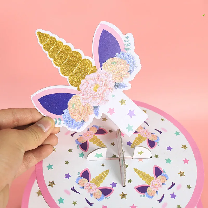 3 слоя Единорог круглый картон кекс Дерево Стенд складной дисплей Baby Showers день рождения Свадебная вечеринка события Декор поставки