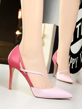 

Sexy High Heels Stiletto Shoes Banquet Shallow Mouth Pointed Head Color Blocking Shoes Hollow Thin Belt Shoes