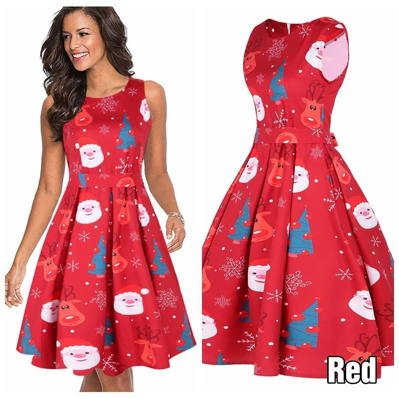 Sleeveless Christmas Dress Women Round Neck New Year Party Dress Vintage Midi Ladies Dresses Plus Size Vestido Invierno Mujer