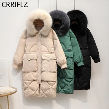 

CRRIFLZ Womens Winter Jackets Long Real Fur Warm Big Pocket Down Parka 90% White Duck Down jacktes Fox Fur Collar Hooded Coats