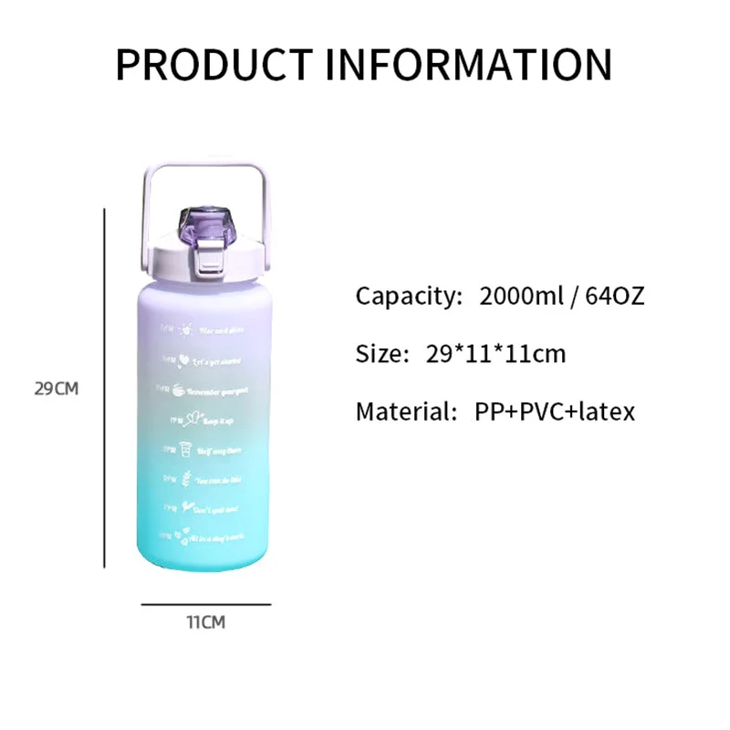 Water Bottle 2 Liter Large Capacity Free Motivational With Time Marker Fitness Workout Plastic Cups Outdoor Gym Drinking