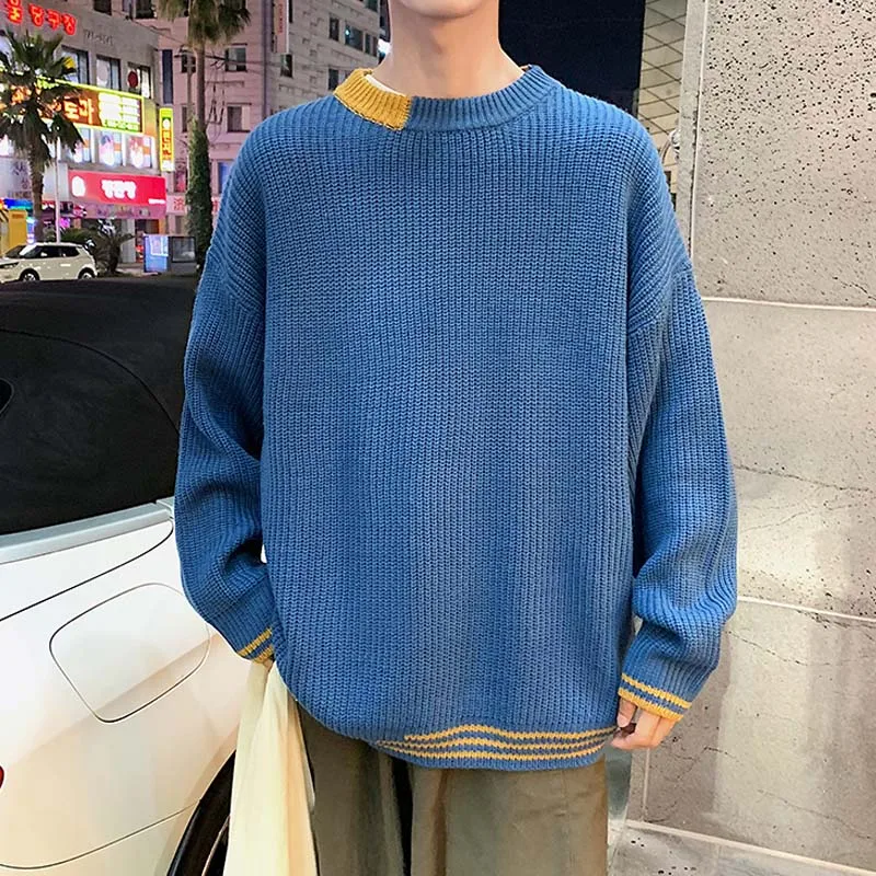 Мужской Повседневный свитер с круглым вырезом, белый осенне-зимний Свободный корейский Модный пуловер, вязаный джемпер, свитера, мужские пуловеры M-2XL - Цвет: Синий