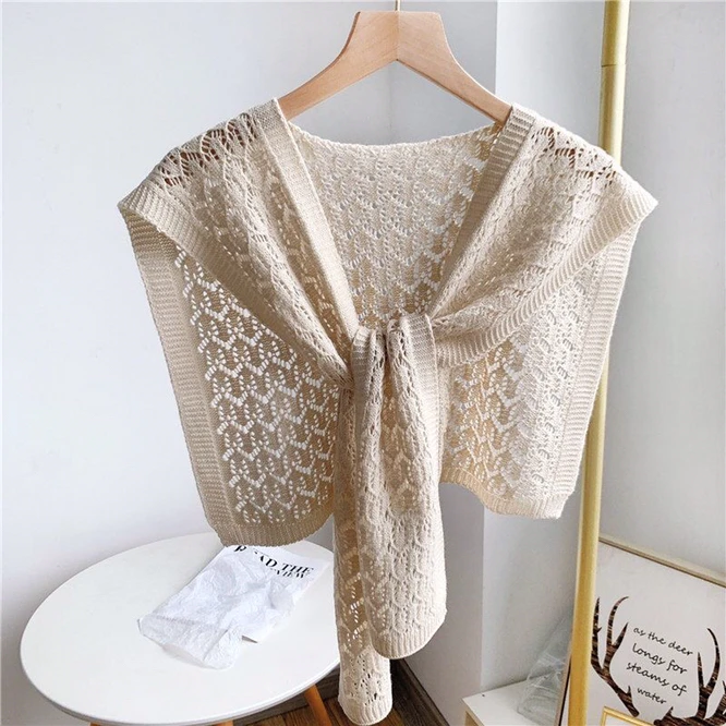 Fashion Korean Knot Knitted Shawl Female Hollow Out Skirt Shirt Shawl Spring Autumn Shoulder Net Red Scarf Shawl White 60cm square scarf silk scarf women luxury handkerchief head hijab scarf female fashion hair band wrist towel beach shawl ml13