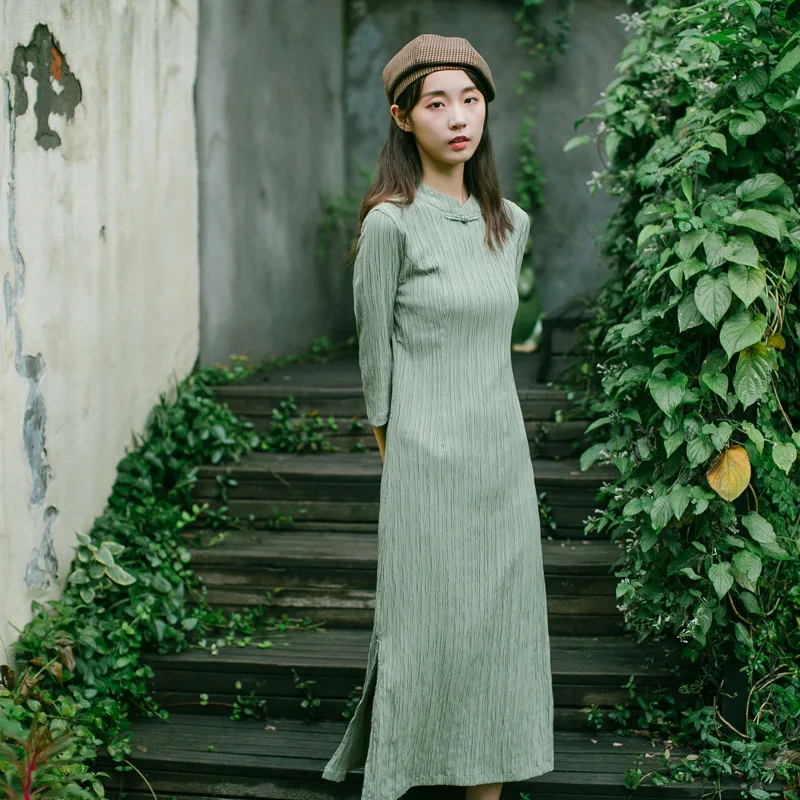 Китайское традиционное платье Ципао Cheongsam женское китайское Новогоднее зеленое