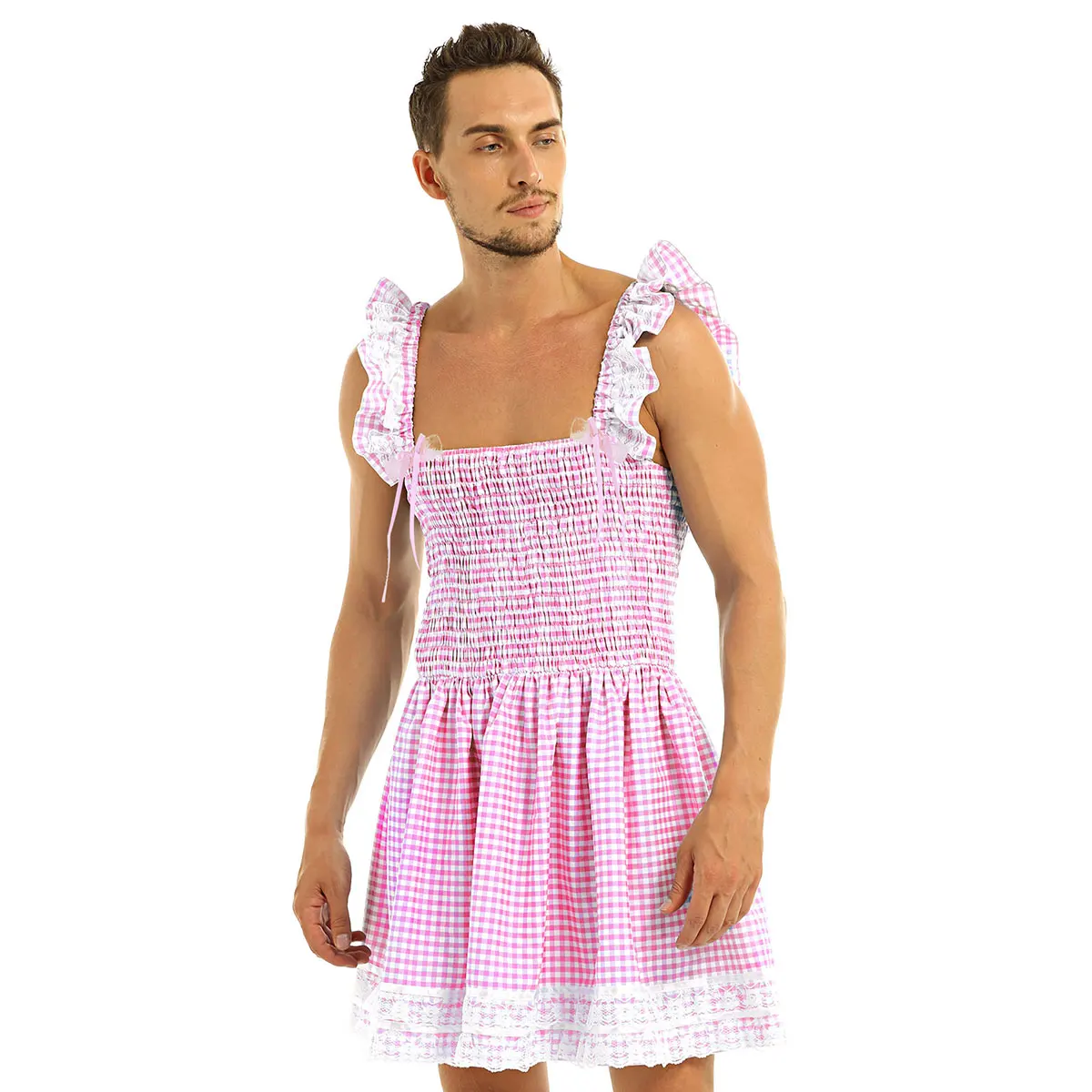 Свадебное платье для мужчин, сексуальные костюмы, без рукавов, гофрированное, эластичное платье в мелкую клетку, кружевное платье с бантом, Детский костюм с крестиком
