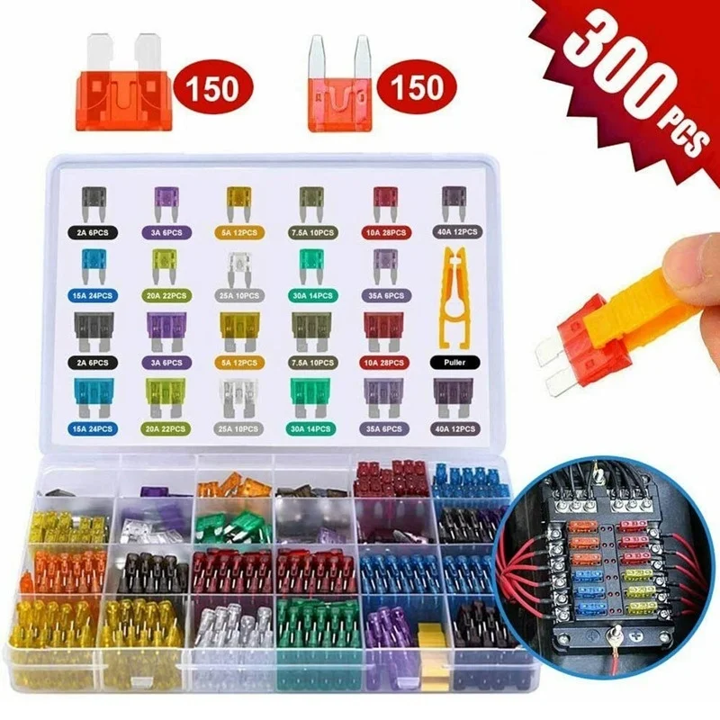 Car fuses kit 300pcs 5/7/10/15/20/25/30A Car Blade Fuse Assortment Assorted Kit Mini Small Size Blade Set Auto Truck Automotive