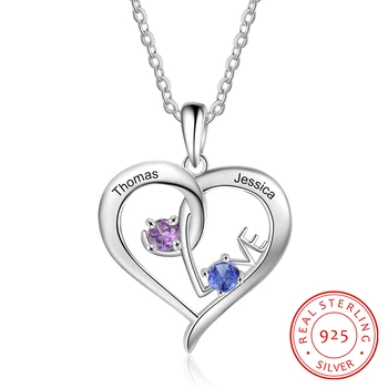 

Personalized 925 Sterling Sliver Necklace Customized Names Birthstones Heart with “LOVE” Pendant Promised Jewelry Gfit for Women