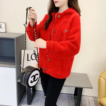 

Women 2020 Autumn Winter New Imitation Mink Sweater Coat Jacket Female Plaid Casual Loose Short Knitted Cardigan Overcoat G502