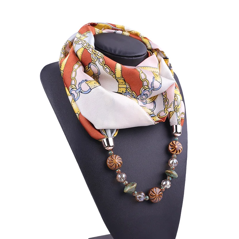 

Fashion Chain Print Chiffon Necklace Scarves For Women Jewelry necklace Ceramic Crystal Scarf Necklace Pendant Female Echarpe