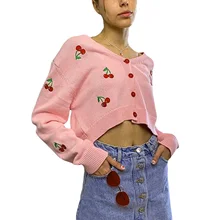 

Women Cherry Embroidered Cardigan Loose Knit Wear Long Sleeves V-neck Single-breasted Top for Autumn