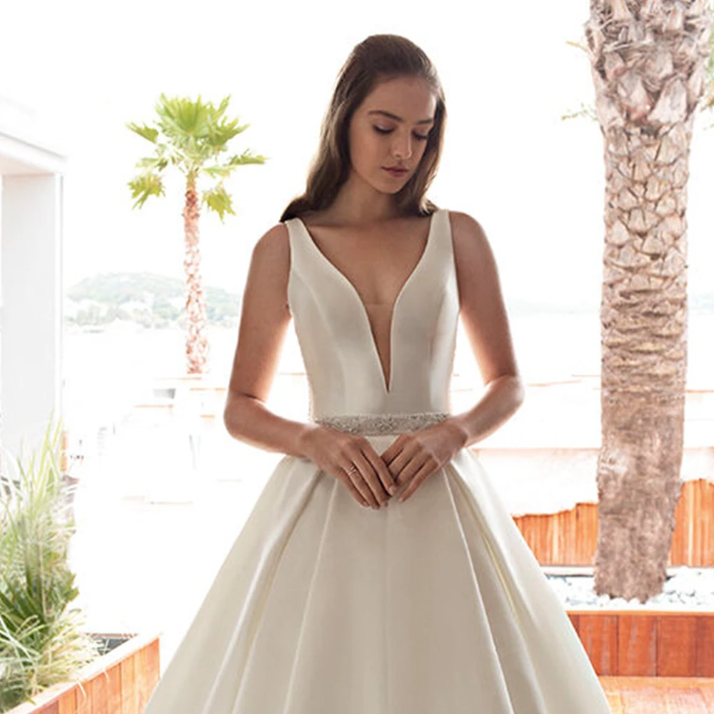 Robe de Mariee/Атласное Бальное платье большого размера, свадебное платье, с открытыми плечами, с аппликацией из бисера, простое Vestido de Novia