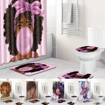 

4Pcs/Set Carpet Bathroom Foot Pad African Woman Bath Mat and Shower Curtain Set PVC Toilet Toilet Seat Covers Home Decor