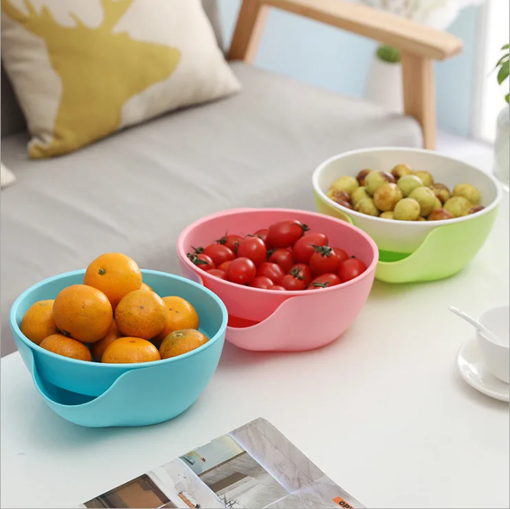 

Lazy Fruit Bowl Nibbling Sunflower Seed Useful Product Splittable Double Layer Snacks Candy Box Circle Water Draining Fruit Cont